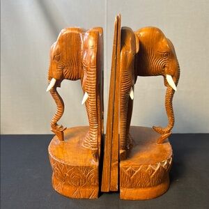 Set of Vintage Folding Elephant Bookends Carved Wood Siam Folk Art